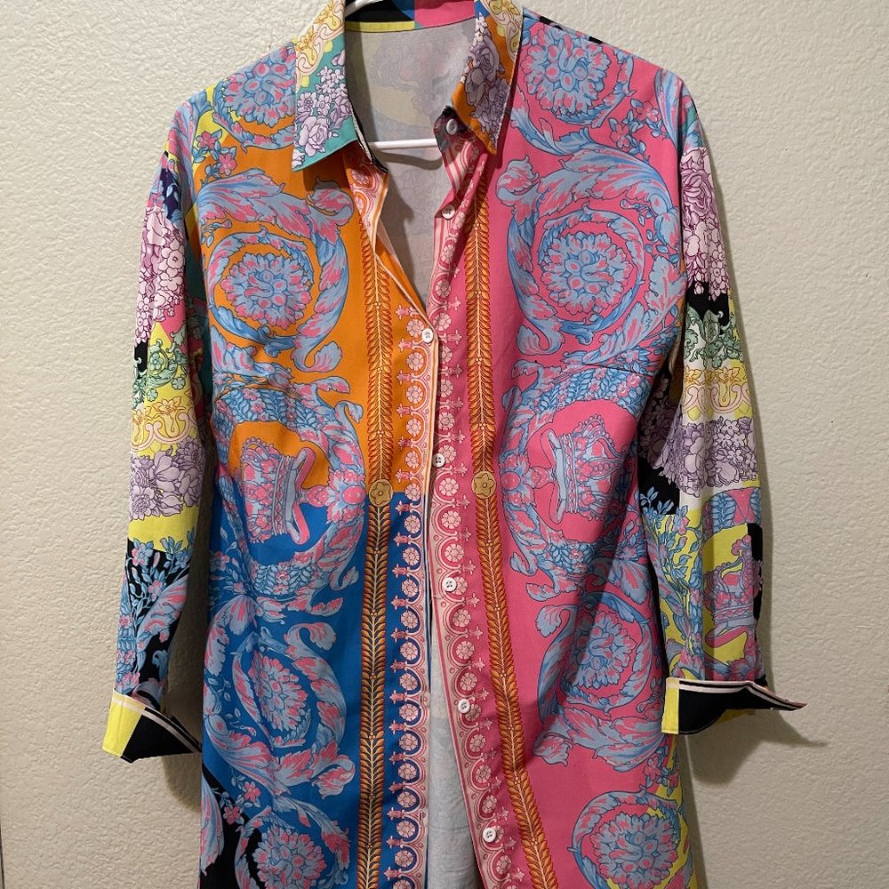 Women's Floral Print T-Shirt Dress - Button Down Long Sleeve Collar Loose Blouse